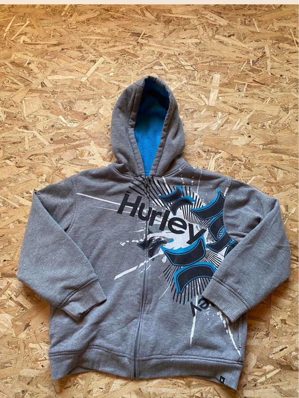 Hurley Gray Full-Zip Hoodie with Blue Graphic Accents